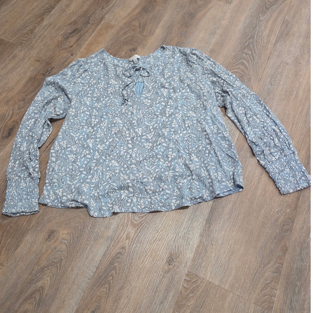 Lucky Brand Blue Paisley Tie Neck Smocked Cuff Peasant Blouse Top Large